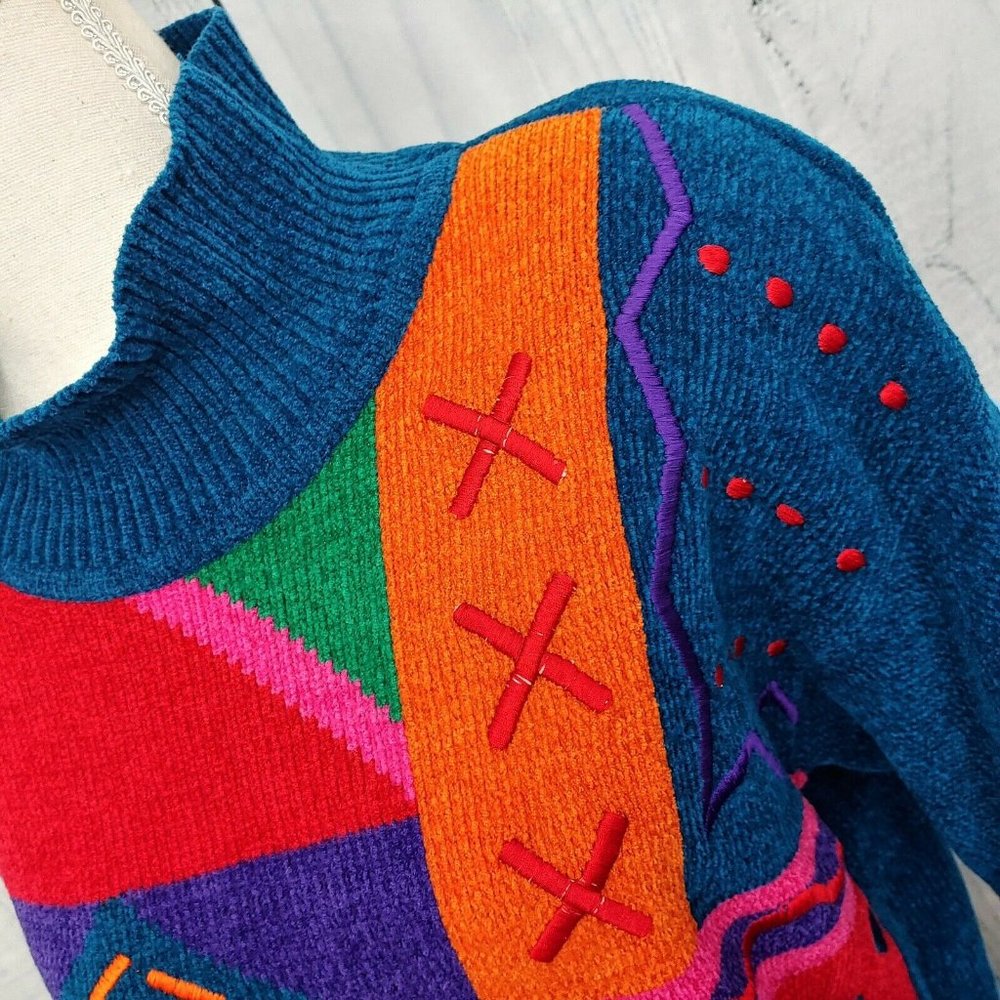 Vintage 80s Sweater Multicolor Shapes Geometric - Picture 4 of 7